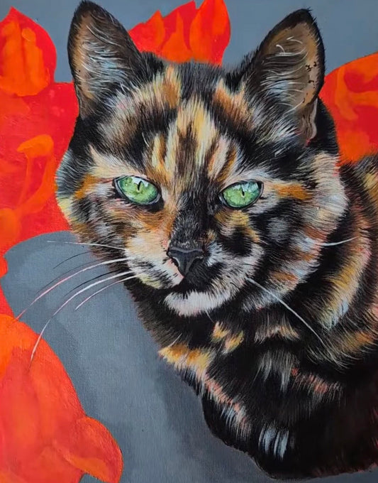 Painting of a tortoiseshell cat with green eyes on a red and gray background by Kathryn Rose Art