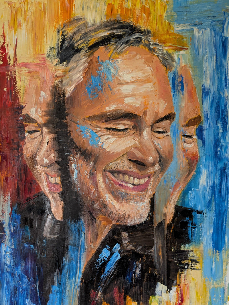 Large and colourful oil painting of Andrea Bocelli by Kathryn Rose Art
