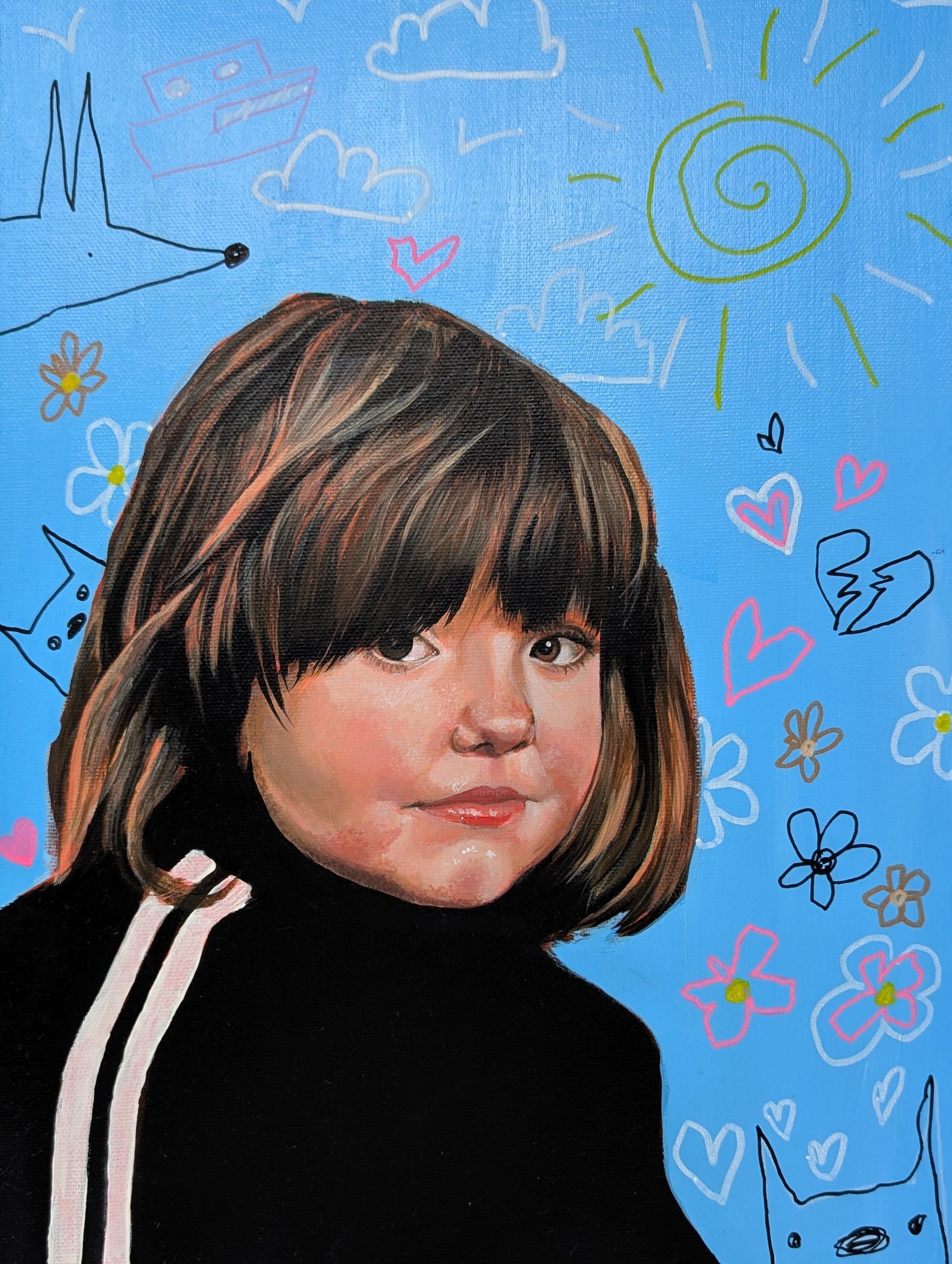 Painted portrait in acrylic paint of a child on a blue background with colourful doodles  by Kathryn Rose Art