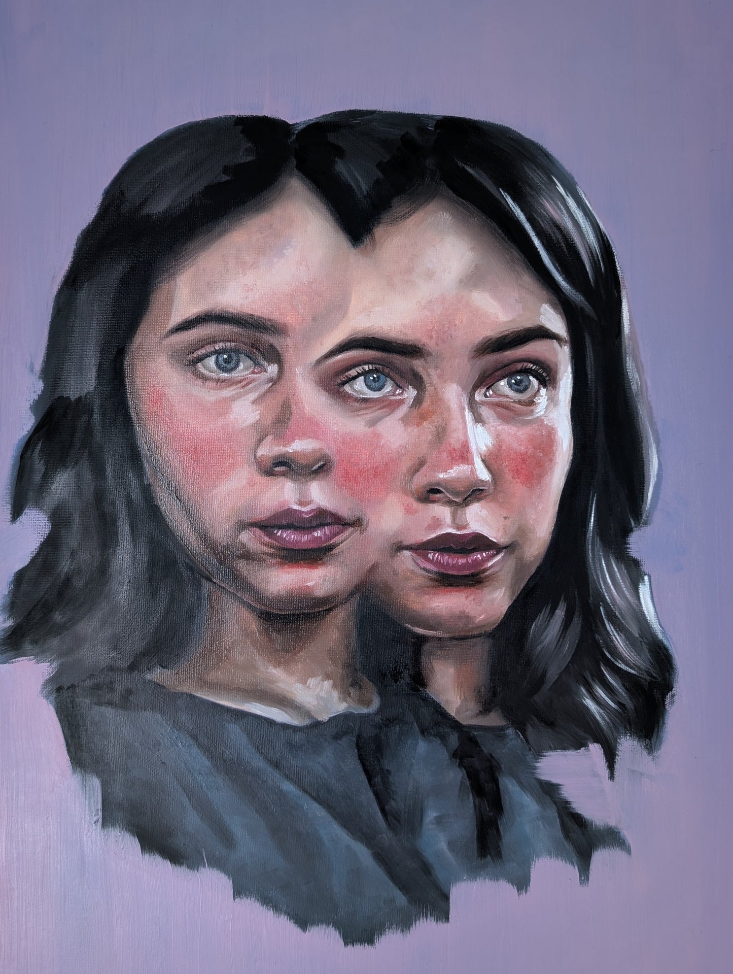 Oil painting portrait of a woman with a glitch style on a purple background  by Kathryn Rose Art from the UK, England.