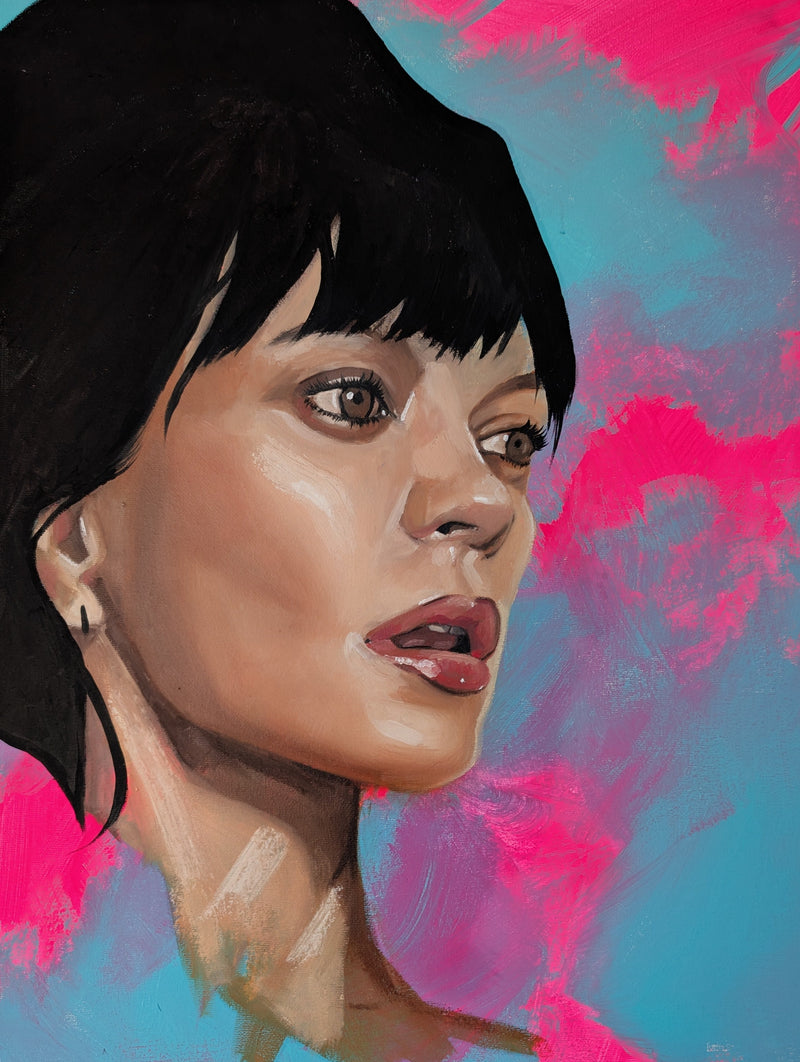 Oil painting portrait of Lily Allen on an abstract background by  by Kathryn Rose Art from the UK, England.