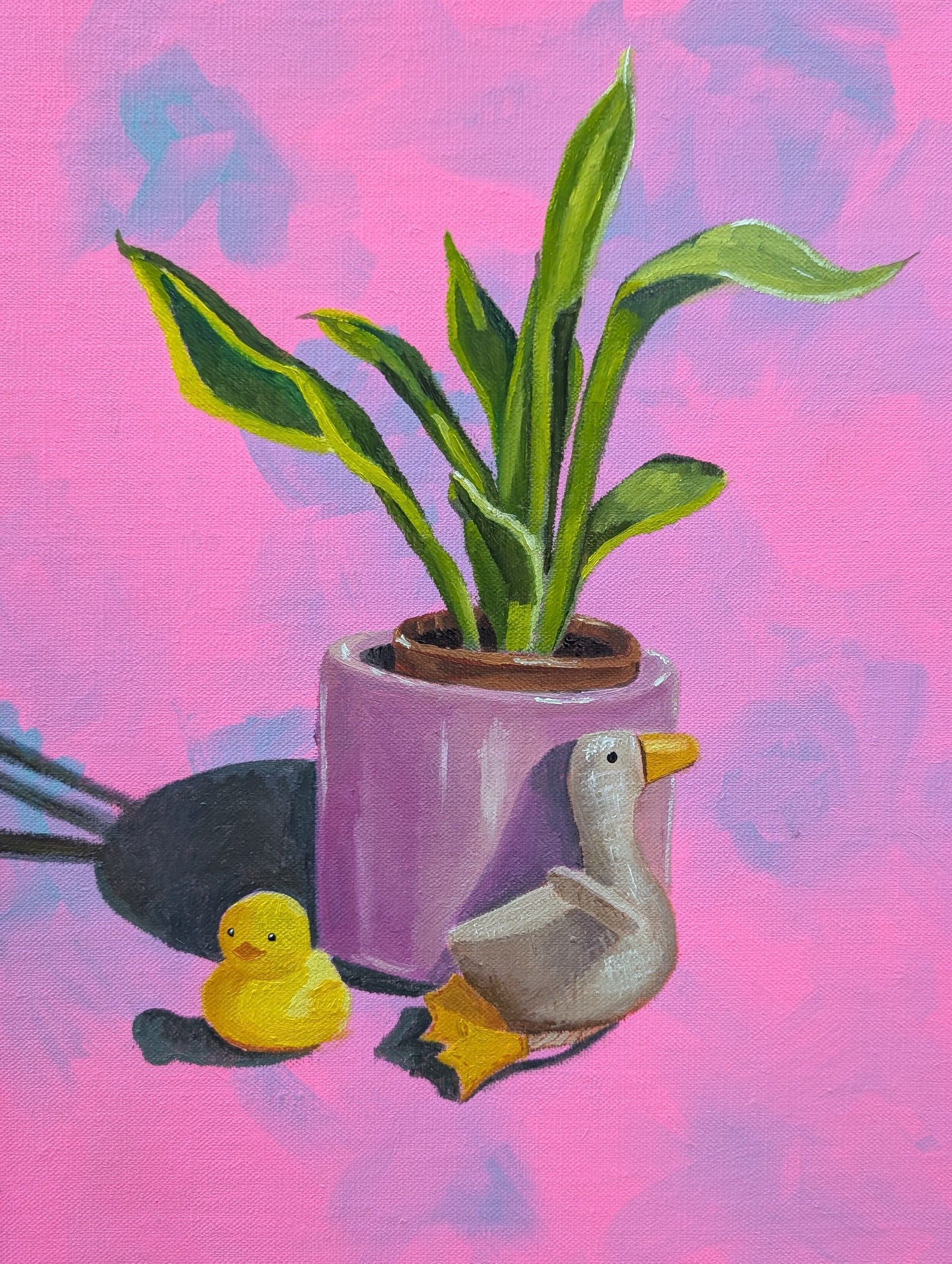 Oil painting commission of a Potted plant with a duck and rubber duck on a pink and blue abstract background by Kathryn Rose Art