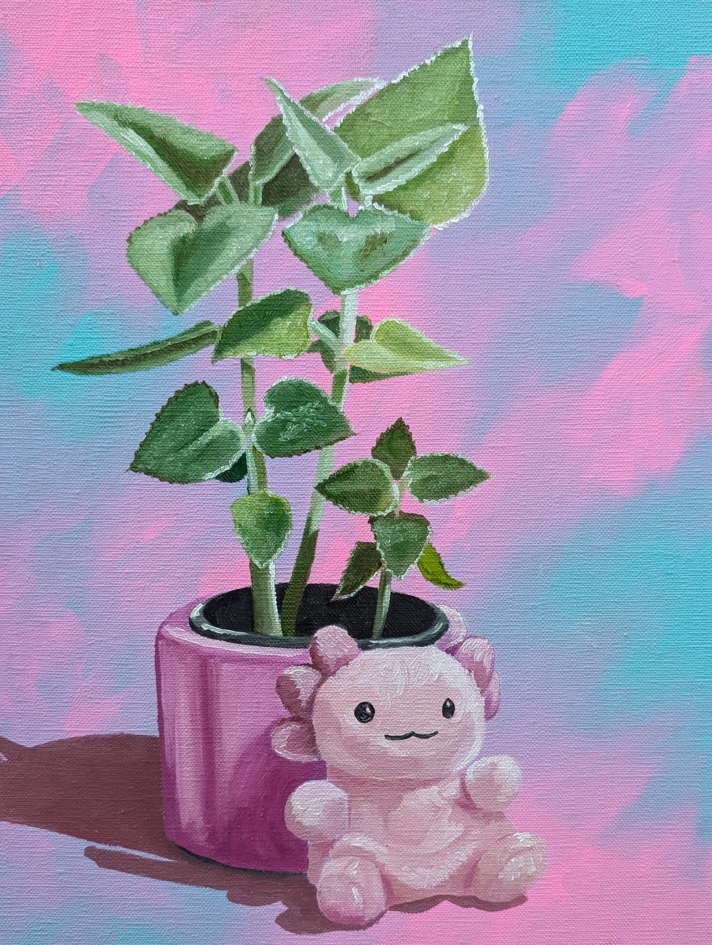 Oil painting commission of a Plush axolotl toy next to a potted plant with a colorful background by Kathryn Rose Art from the UK, England.