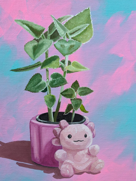 Oil painting commission of a Plush axolotl toy next to a potted plant with a colorful background by Kathryn Rose Art from the UK, England.
