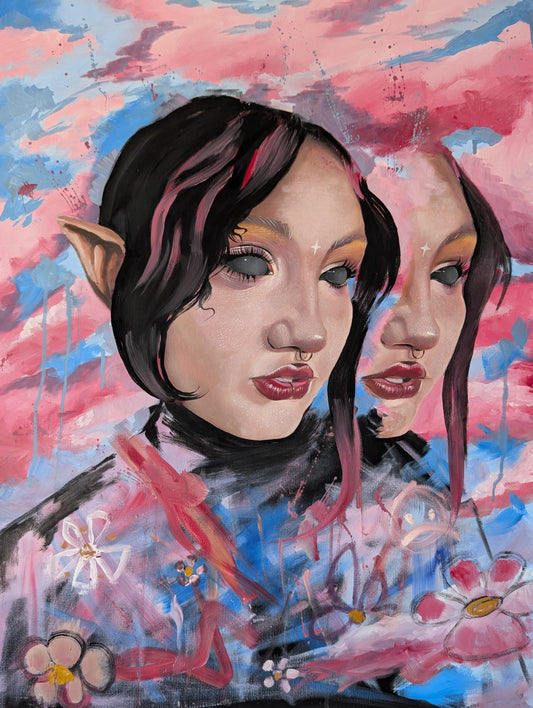 Oil painted portrait called "They are our sisters" depicting an alien or elven woman with black eyes on an abstract pink and blue background with flower details. The painting represents Transgender women. by Kathryn Rose Art from the UK, England.